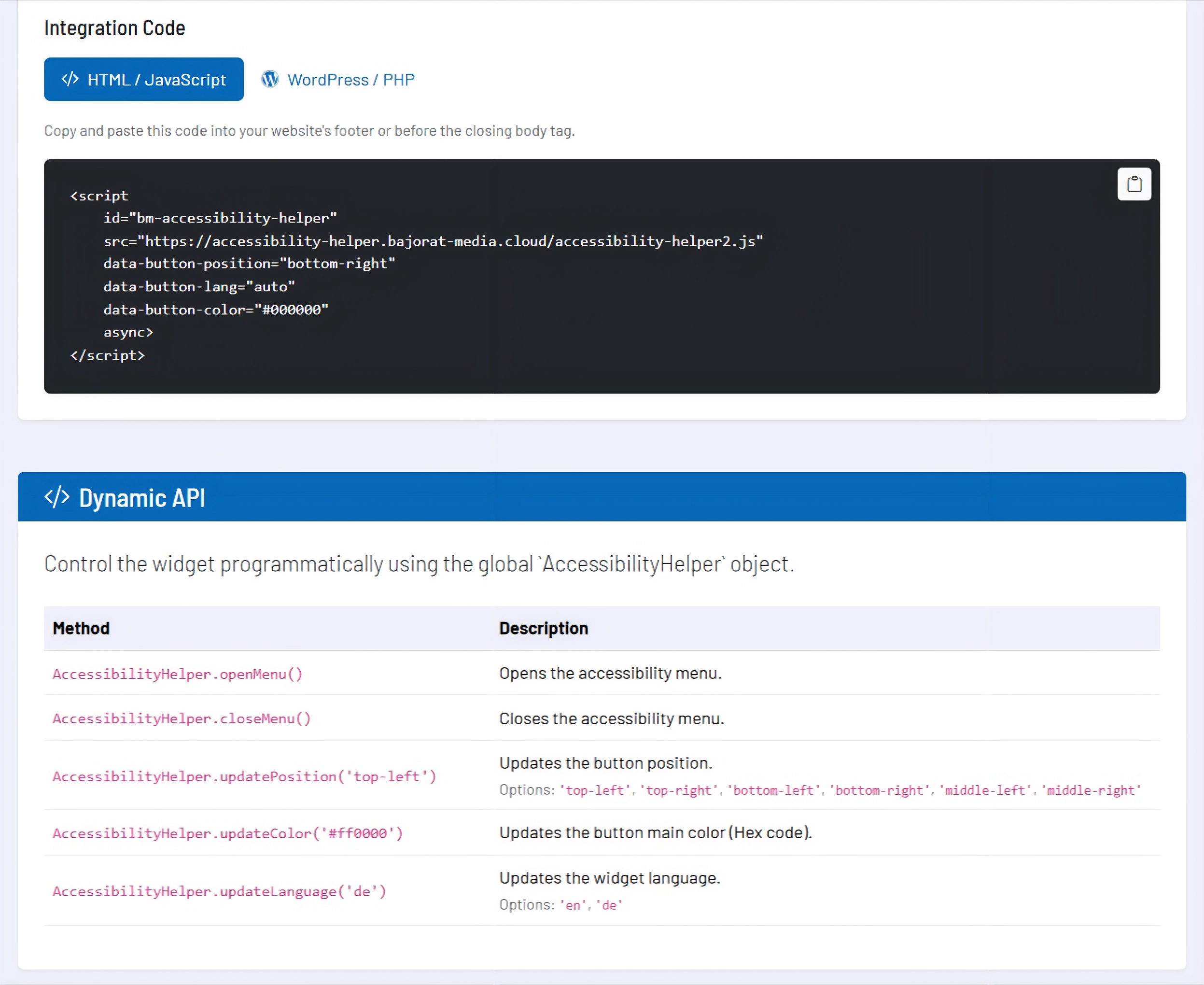 Screenshot: Integration code and API documentation