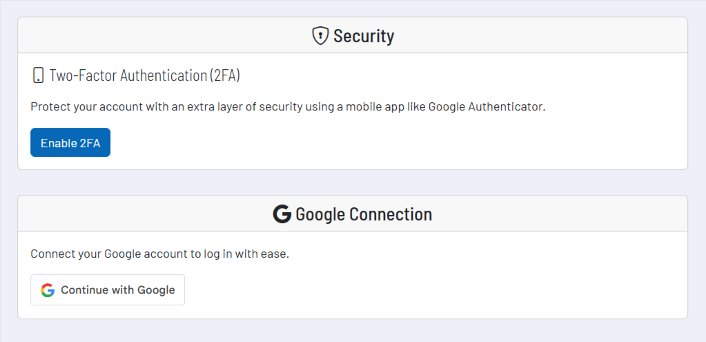 Screenshot: Sicherheitsbereich mit 2FA und Google-Verknüpfung Screenshot: Sicherheitsbereich mit 2FA und Google-Verknüpfung