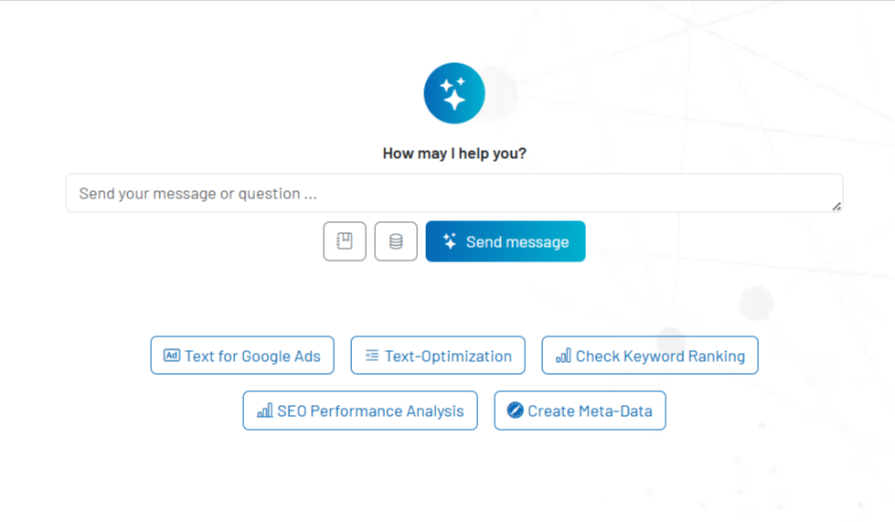Screenshot: Assistant-Startansicht mit Eingabefeld, Vorlagen und Memory-Button Screenshot: Assistant-Startansicht mit Eingabefeld, Vorlagen und Memory-Button