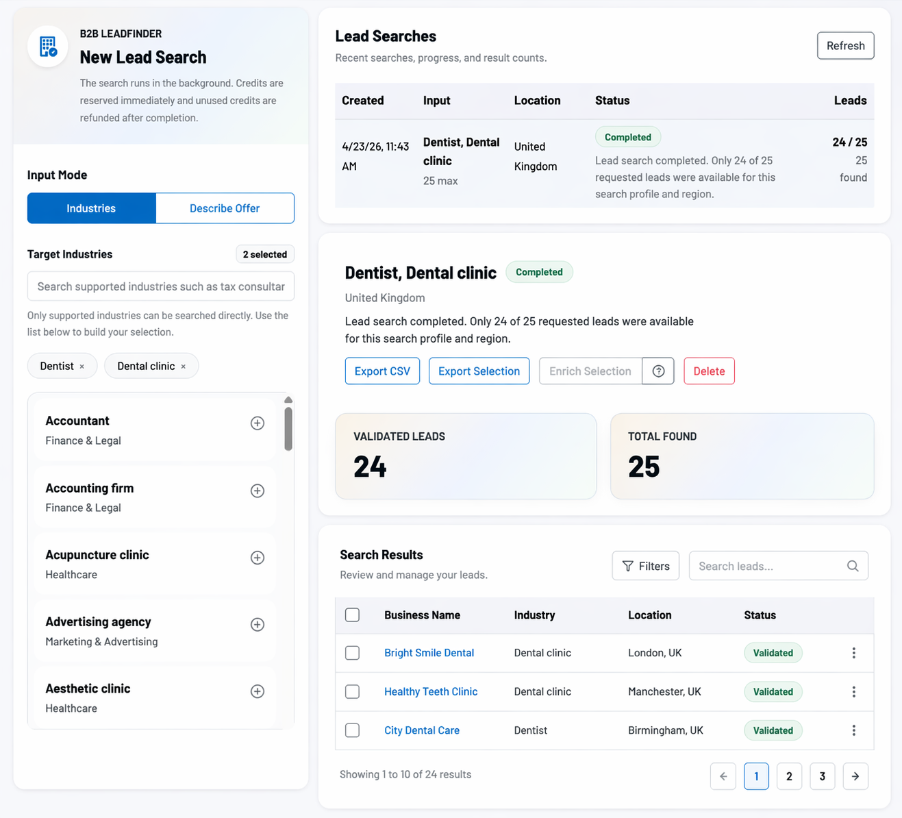 Screenshot: Lead table with quality and status columns