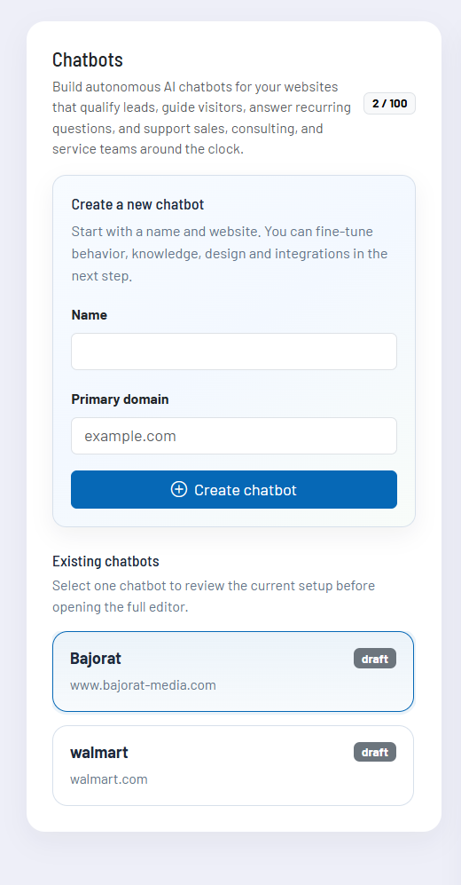 Screenshot: Chatbot-Manager-Übersicht mit bestehendem Bot und Live-Vorschau