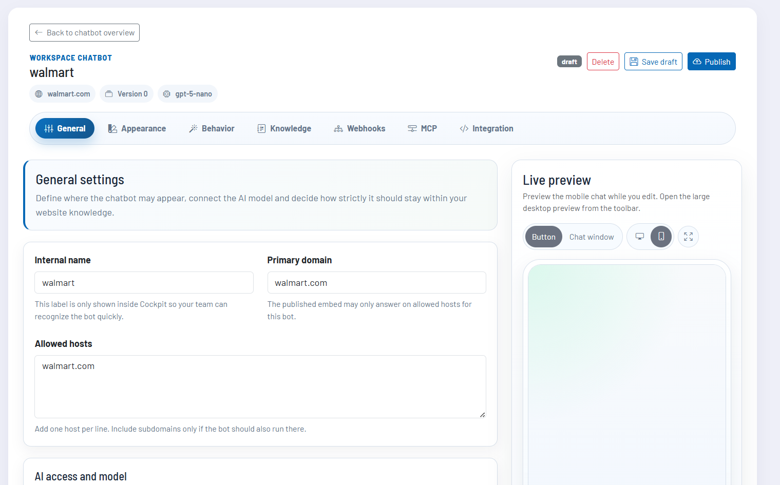 Screenshot: Allgemein-Tab mit Domain, API-Zugang, Modell und AI Guardrails