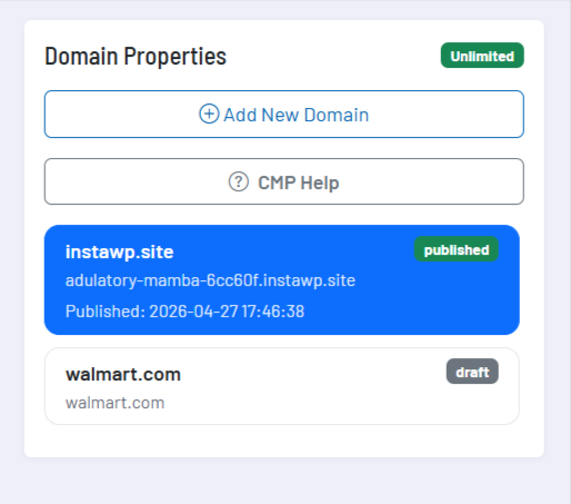 Screenshot-Platzhalter: Domain-Übersicht des Consent Managers mit Property-Liste, Status, Speichern- und Veröffentlichen-Aktion