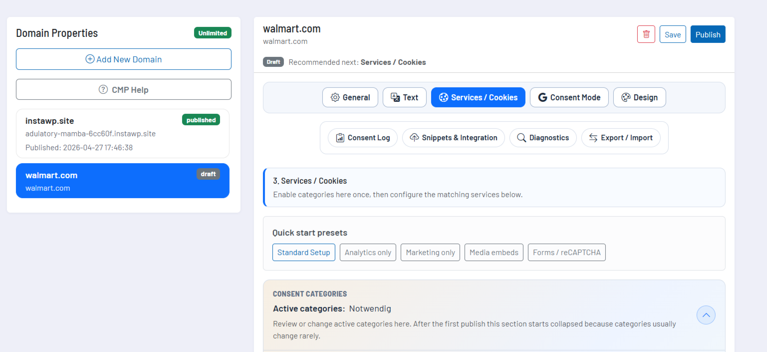 Screenshot-Platzhalter: Service-Editor mit Kategorien, Vorlagen, Variablen, Code-Blöcken und Platzhalter-Regeln.