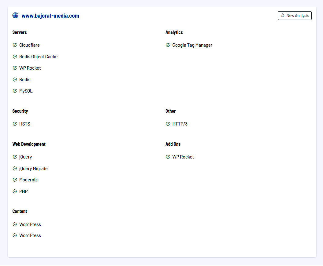 Screenshot: analysis result with detected technology list Screenshot: analysis result with detected technology list