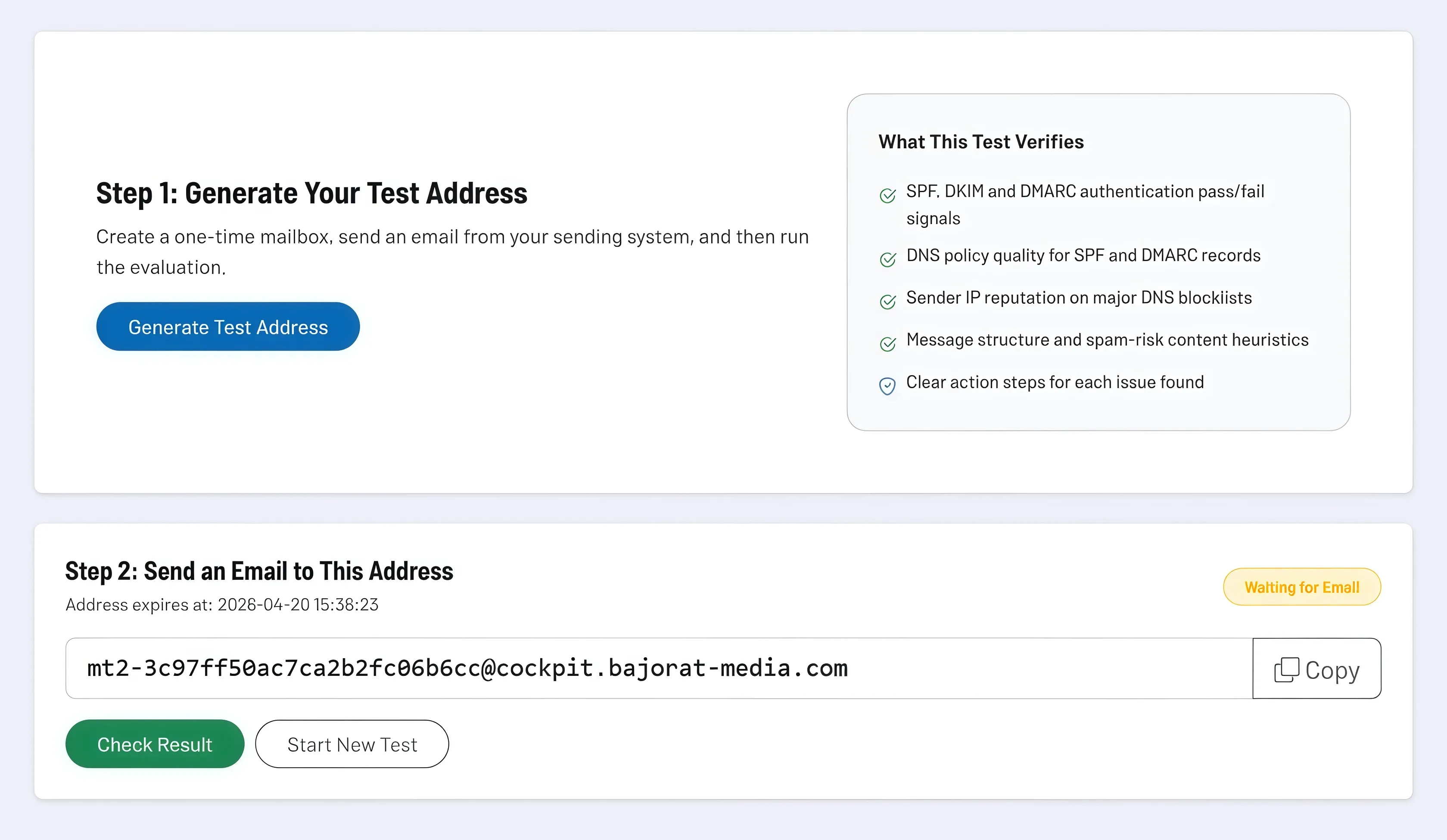 Initial view with generated test address and later evaluation overview with risk level. Initial view with generated test address and later evaluation overview with risk level.
