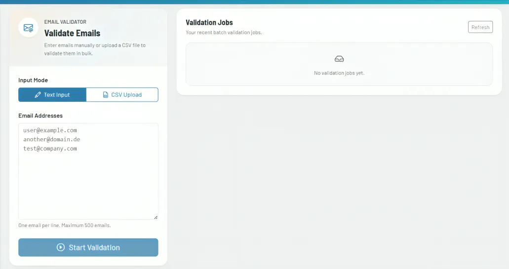 Screenshot placeholder: input modes for text and CSV as well as result view with status table. Screenshot placeholder: input modes for text and CSV as well as result view with status table.