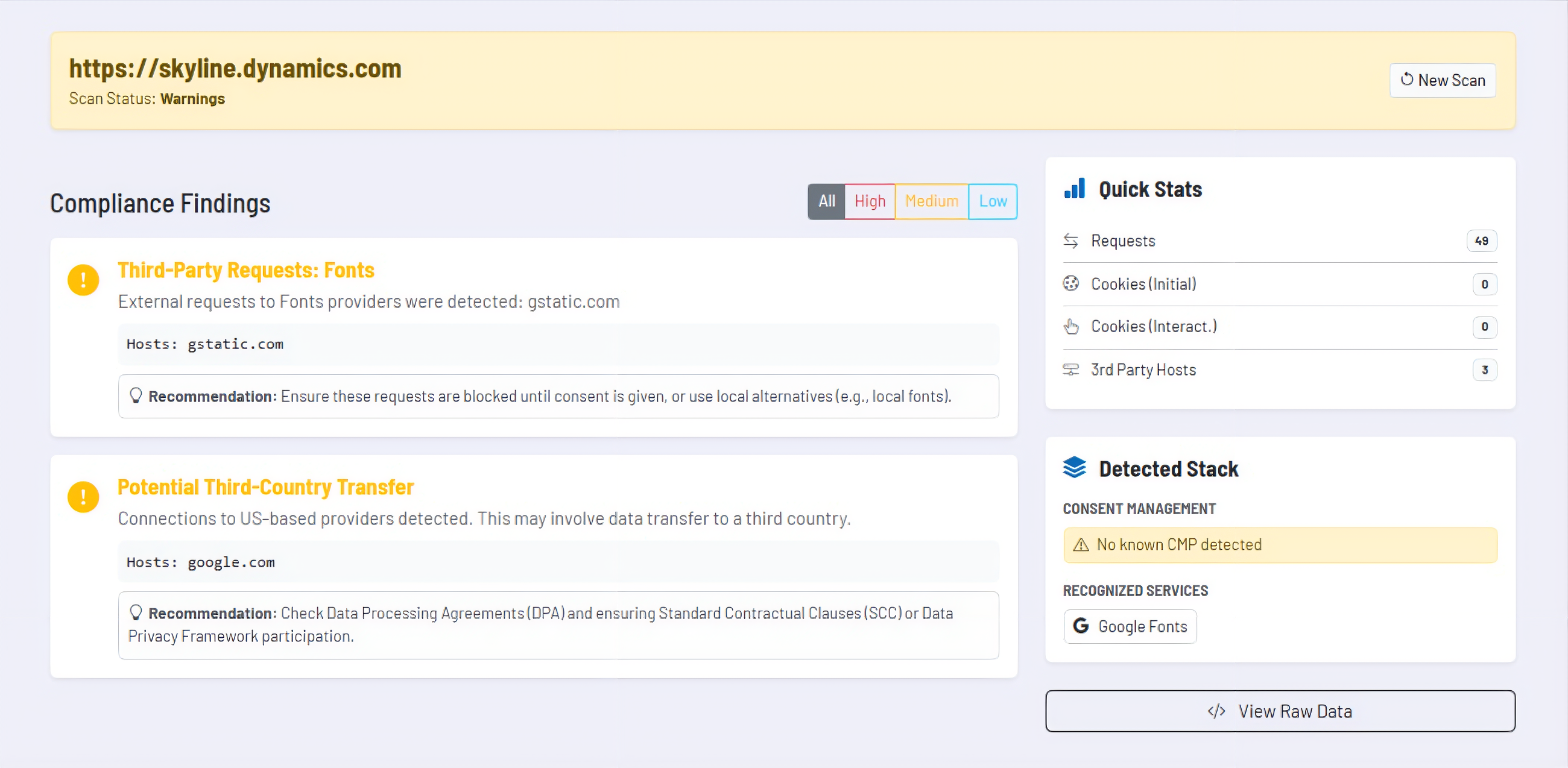 Screenshot placeholder: scan start with URL entry and result view with score, findings and recommendations.