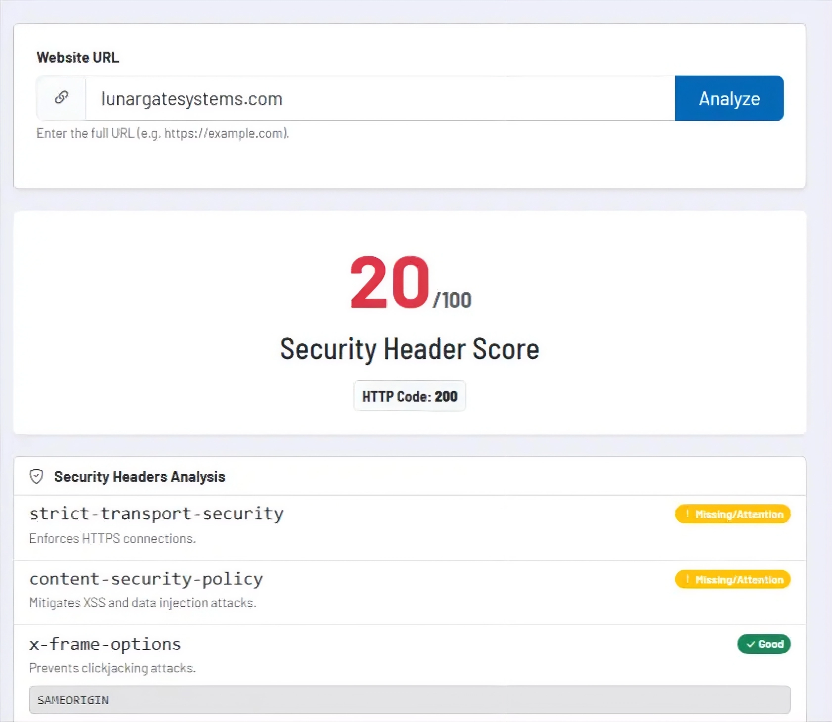 Screenshot: Header score and analysis overview