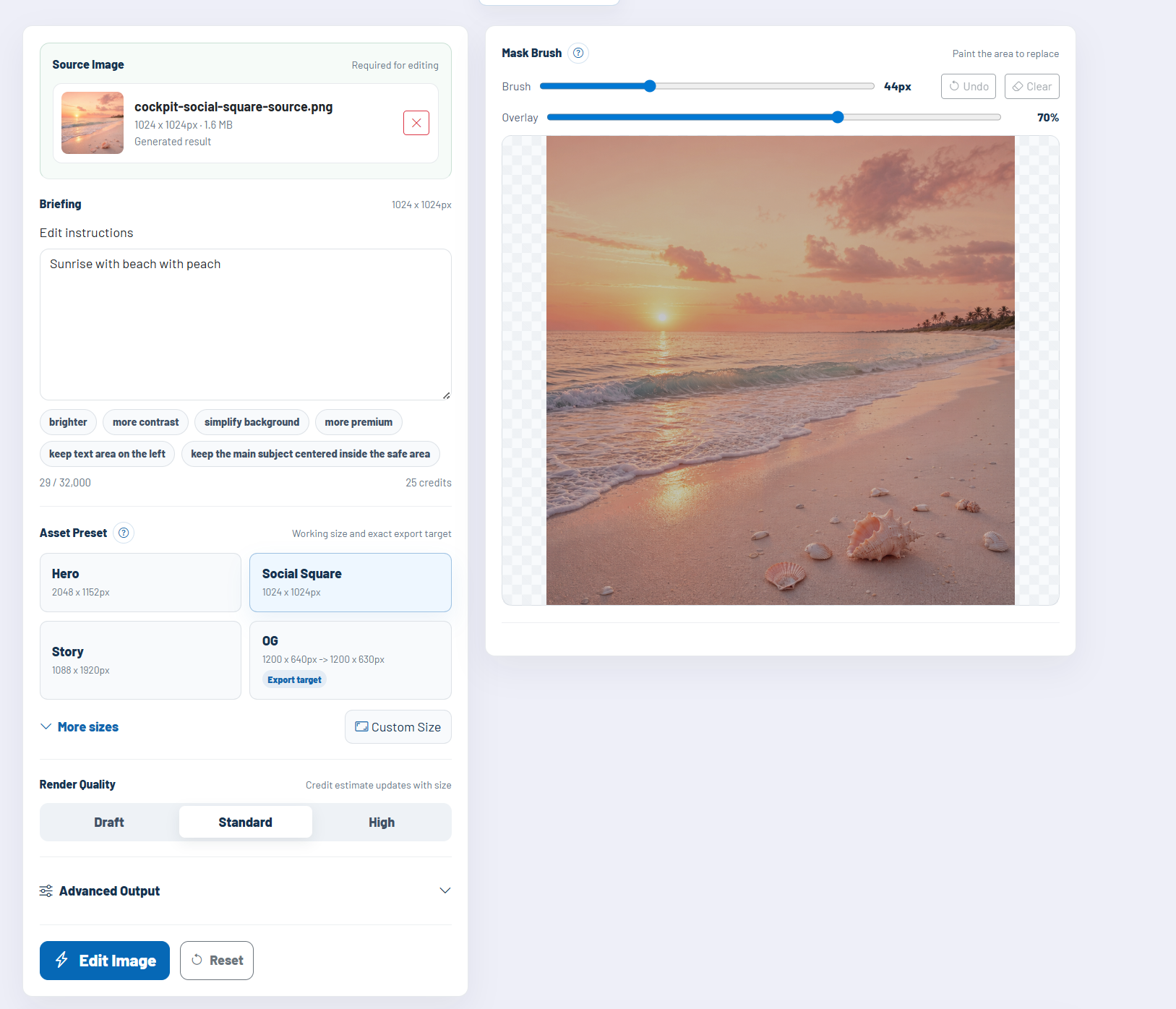 Screenshot: Generieren-Modus mit Prompt-Hilfen und Asset-Vorlagen