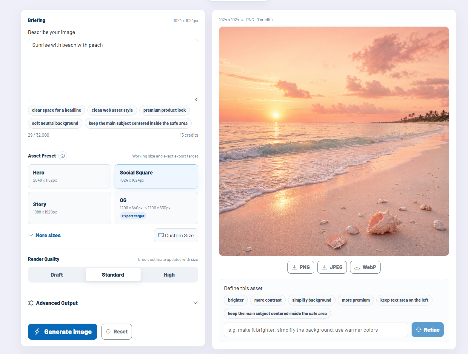 Screenshot: Ergebnisbereich mit Safe-Area-Toggle, Download-Buttons und Verfeinerungsfeld