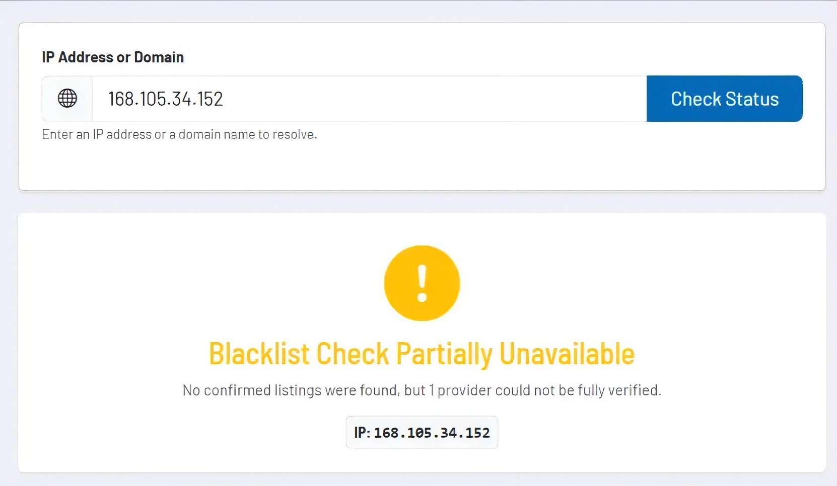 Screenshot placeholder: entering IP or domain and result overview with listing status.