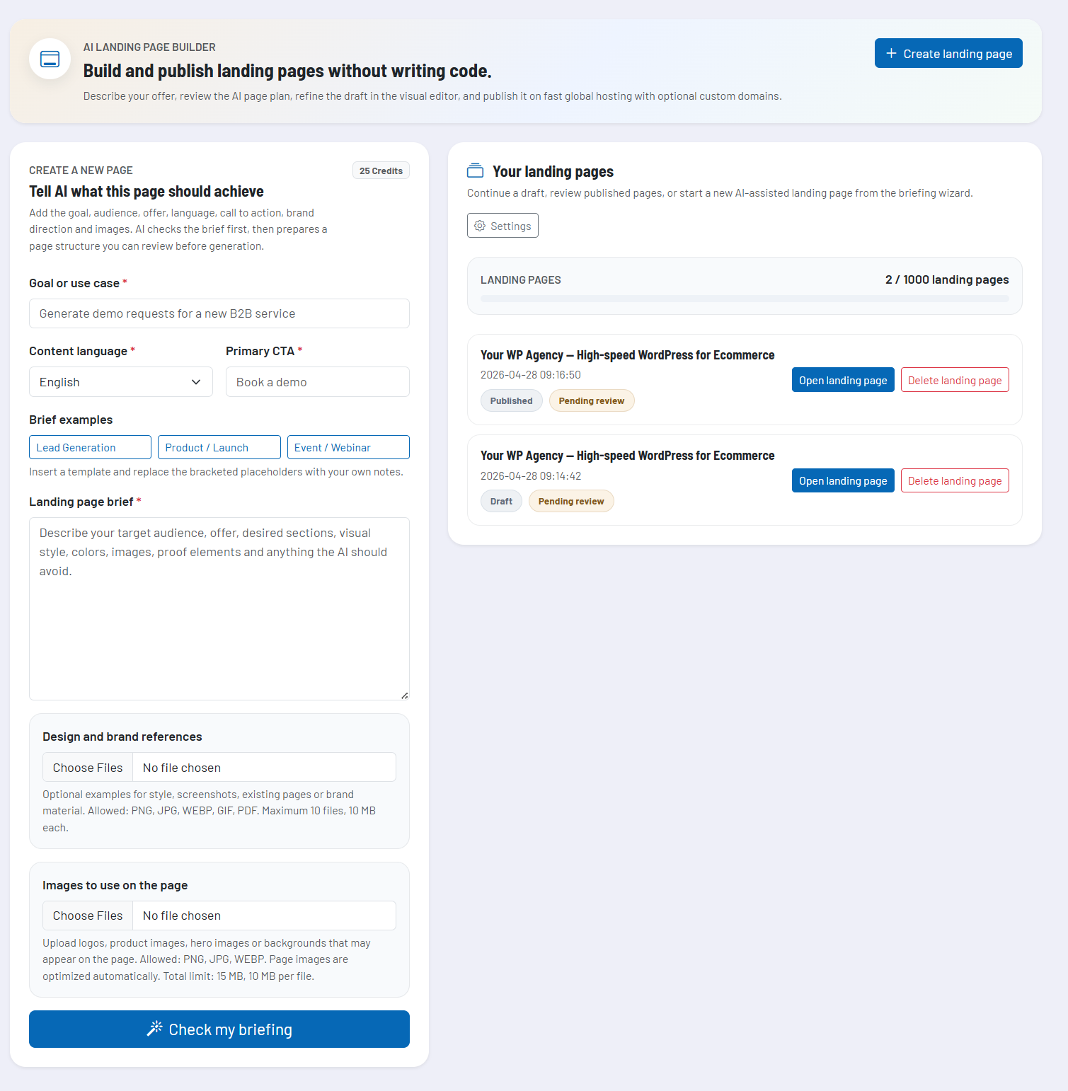 Screenshot: Landing Page Generator Dashboard mit Briefing-Wizard und bestehenden Landingpages