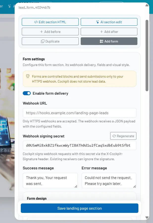 Screenshot: Inspector mit Lead-Formular-Einstellungen und Webhook-Konfiguration