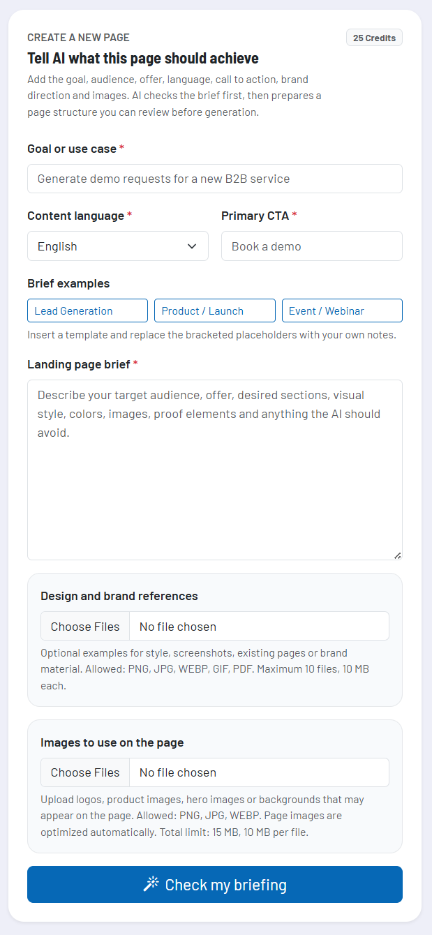 Screenshot: Briefing-Wizard mit Ziel, Sprache, CTA, Briefing und Uploadbereichen