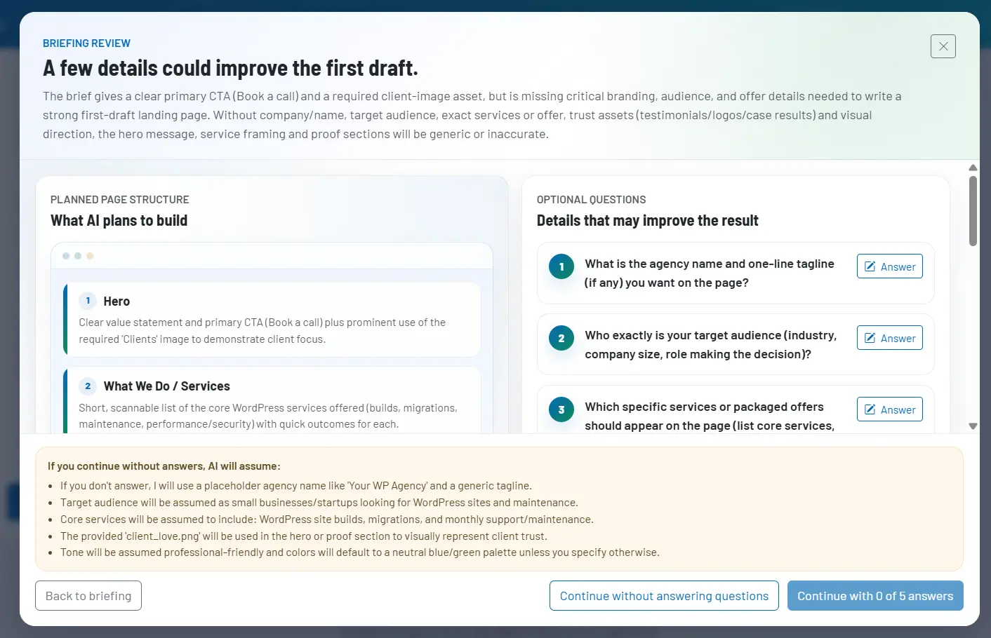 Screenshot: Briefing Review mit geplanter Seitenstruktur, optionalen Fragen und Ergänzungsbereich