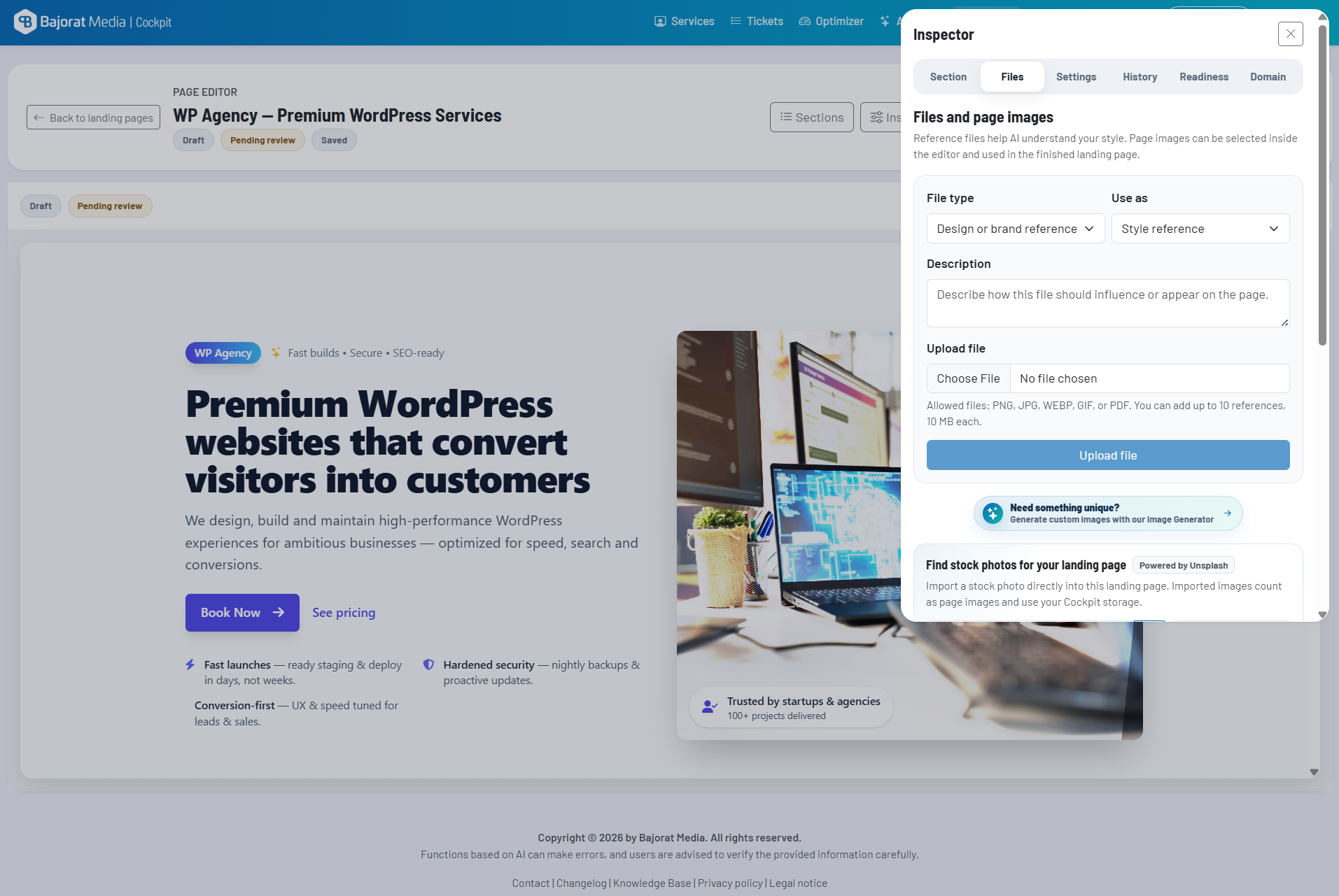 Screenshot: Dateien-Tab mit Page Images, Bildgenerator-Hinweis und Unsplash-Suche
