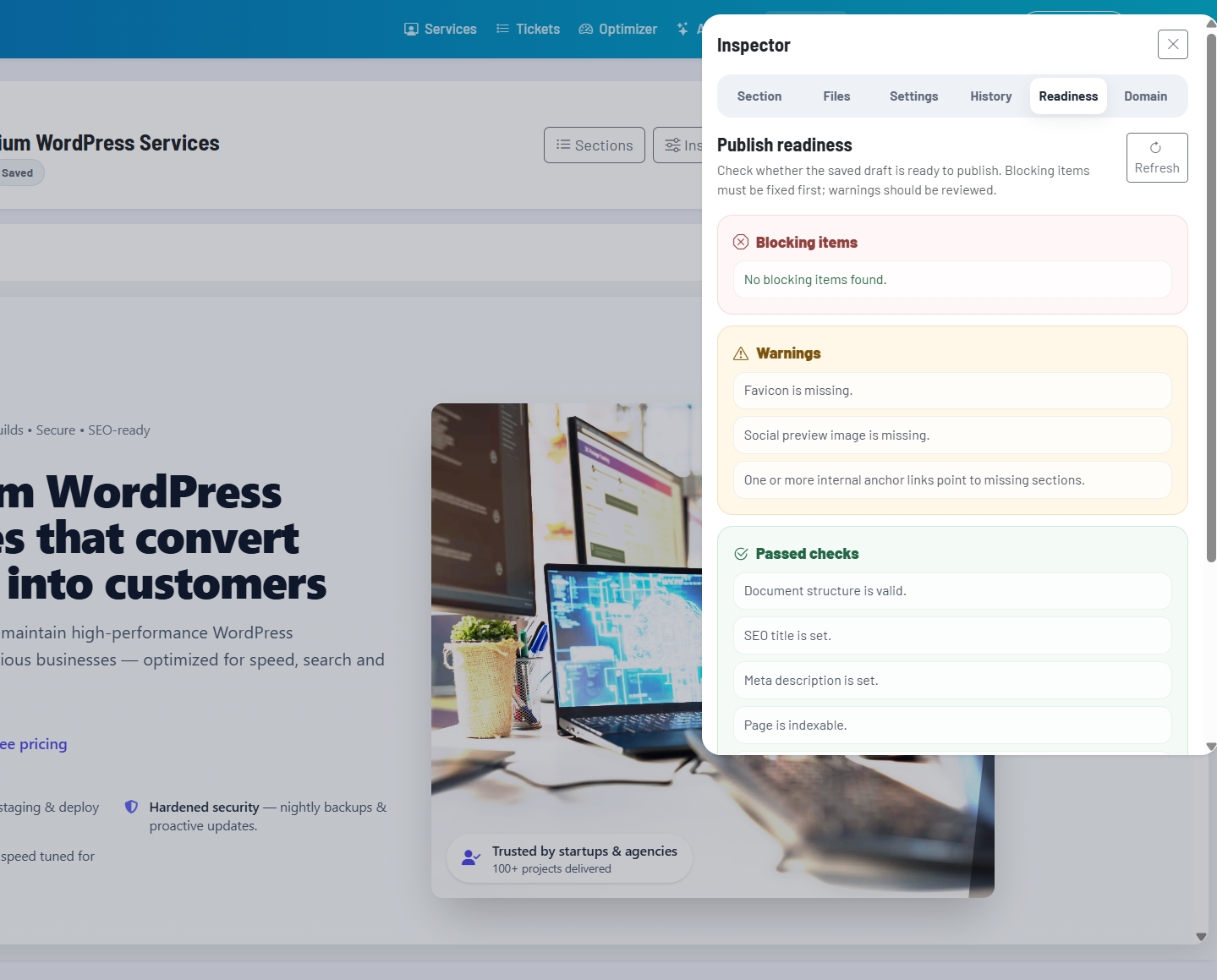 Screenshot: Readiness-Tab mit Blocking Items, Warnings und Passed Checks