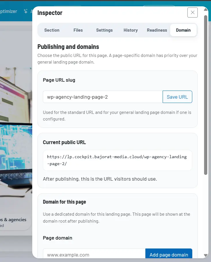 Screenshot: Publishing- und Domain-Bereich mit Public Slug, Domainstatus und Publish-Aktion