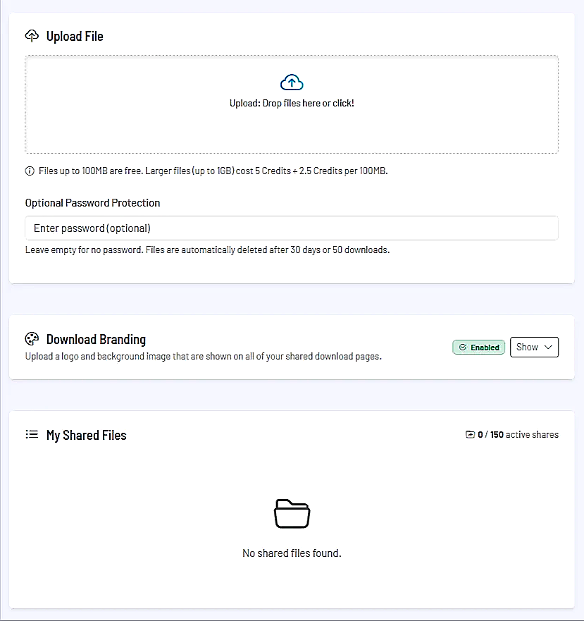 Screenshot: Upload area with progress and share link