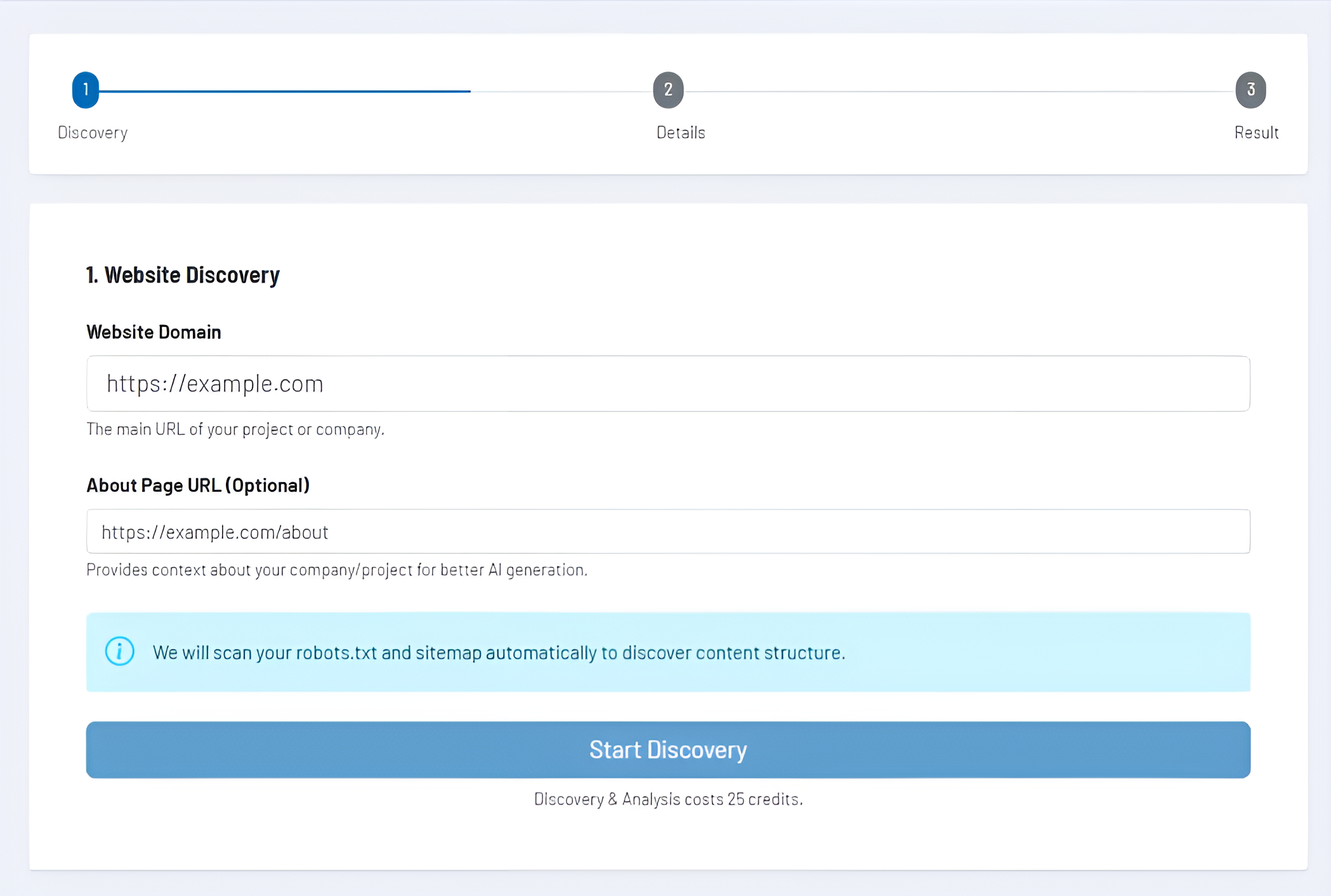 Screenshot: Wizard with the steps Discovery, Details and Result