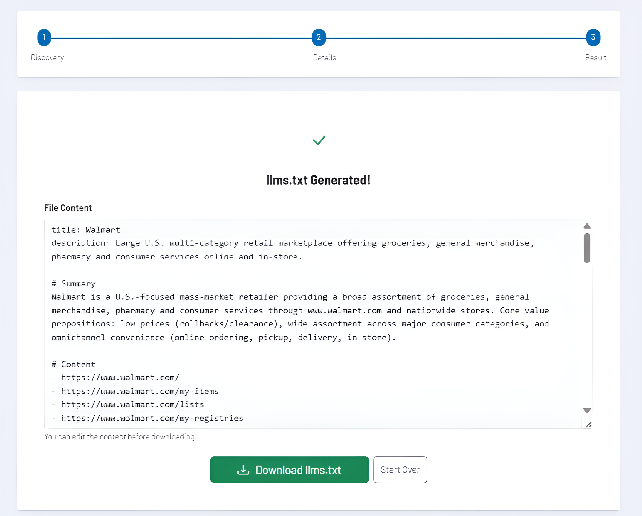 Screenshot: generated llms.txt in the result view
