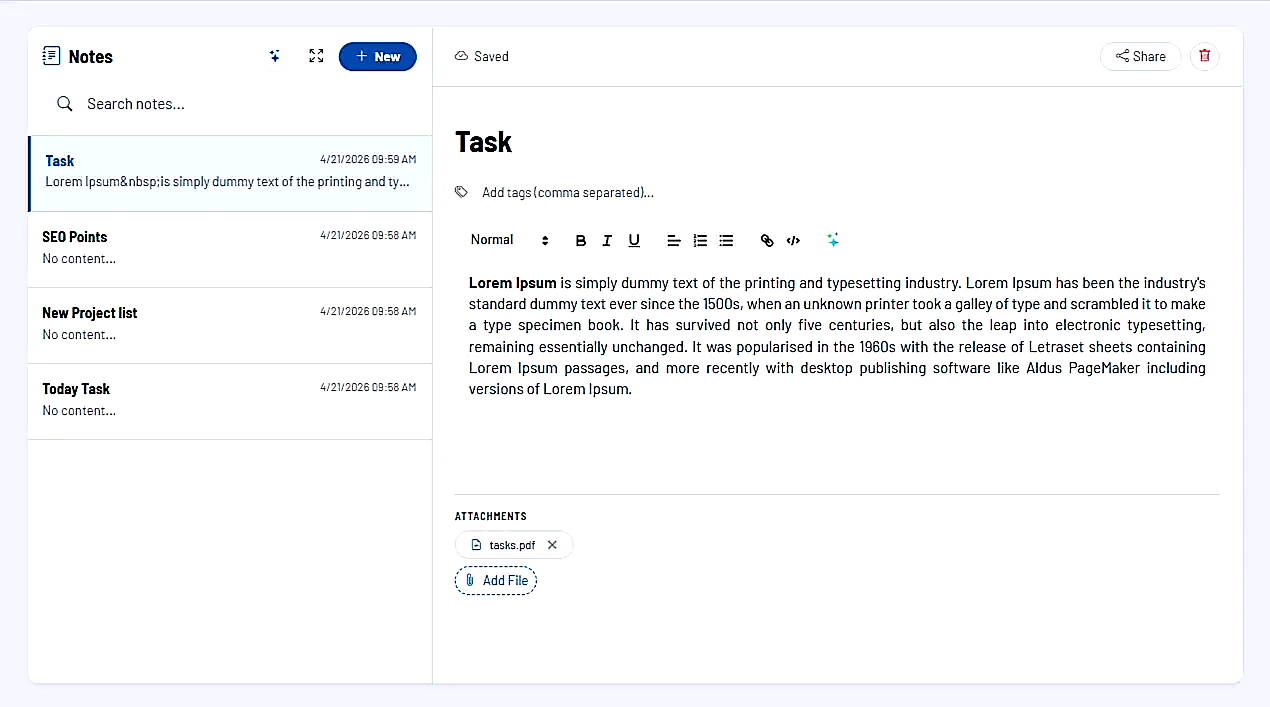 Screenshot: open note with editor, attachments, and share status