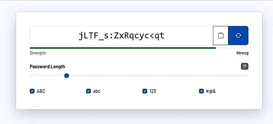 Password generator with strength indicator, length setting, and character sets