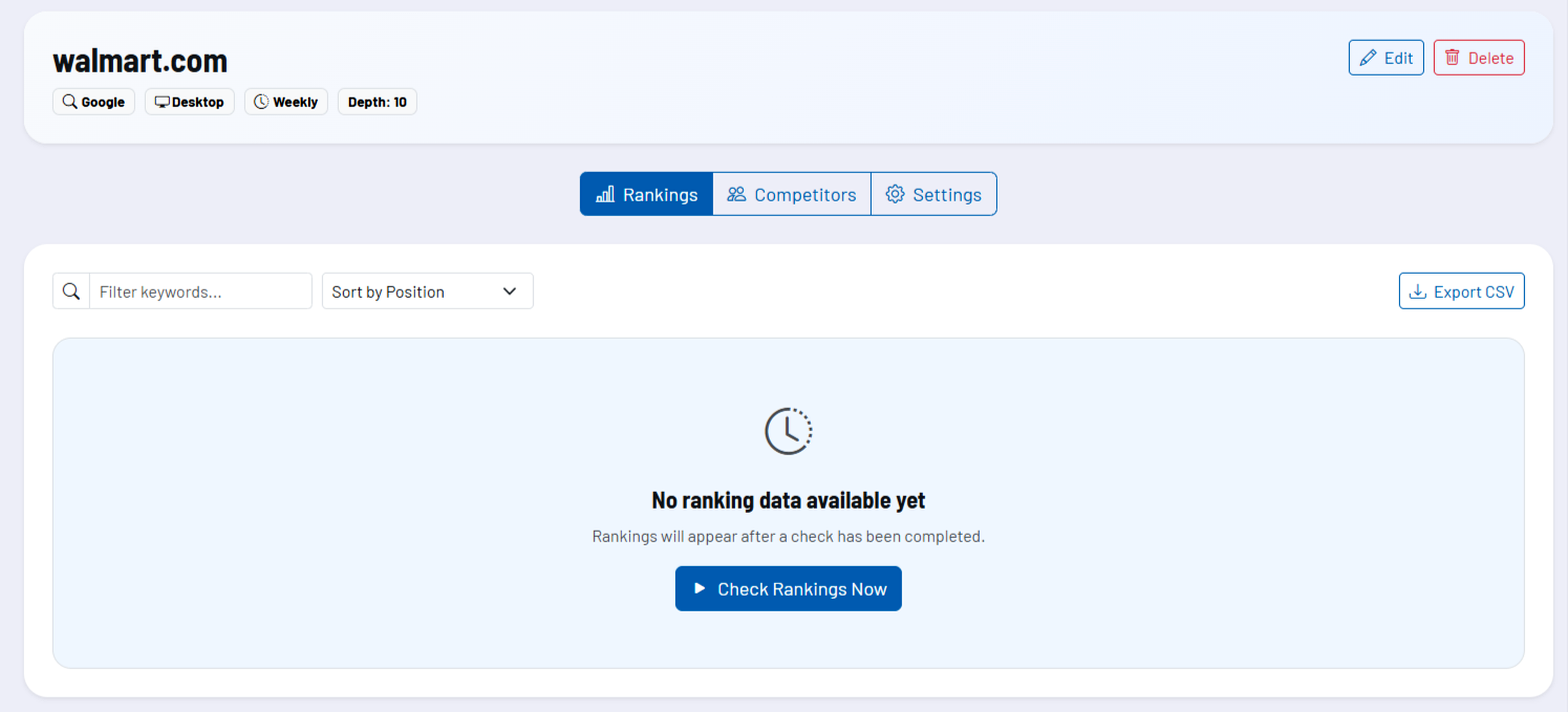 Screenshot: Project list or project view with rankings and history Screenshot: Project list or project view with rankings and history
