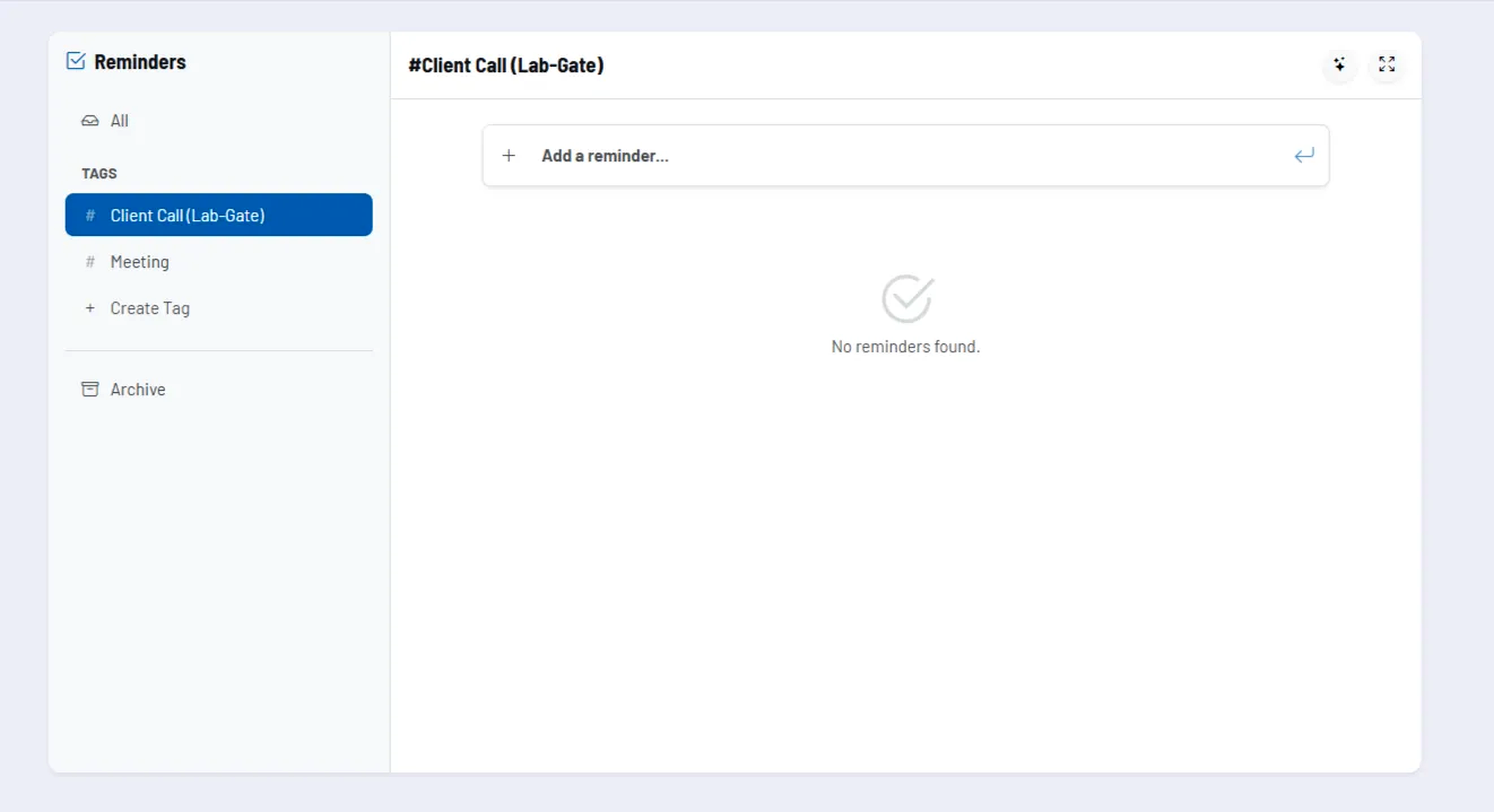 Screenshot: Reminder list with tags, quick add and details