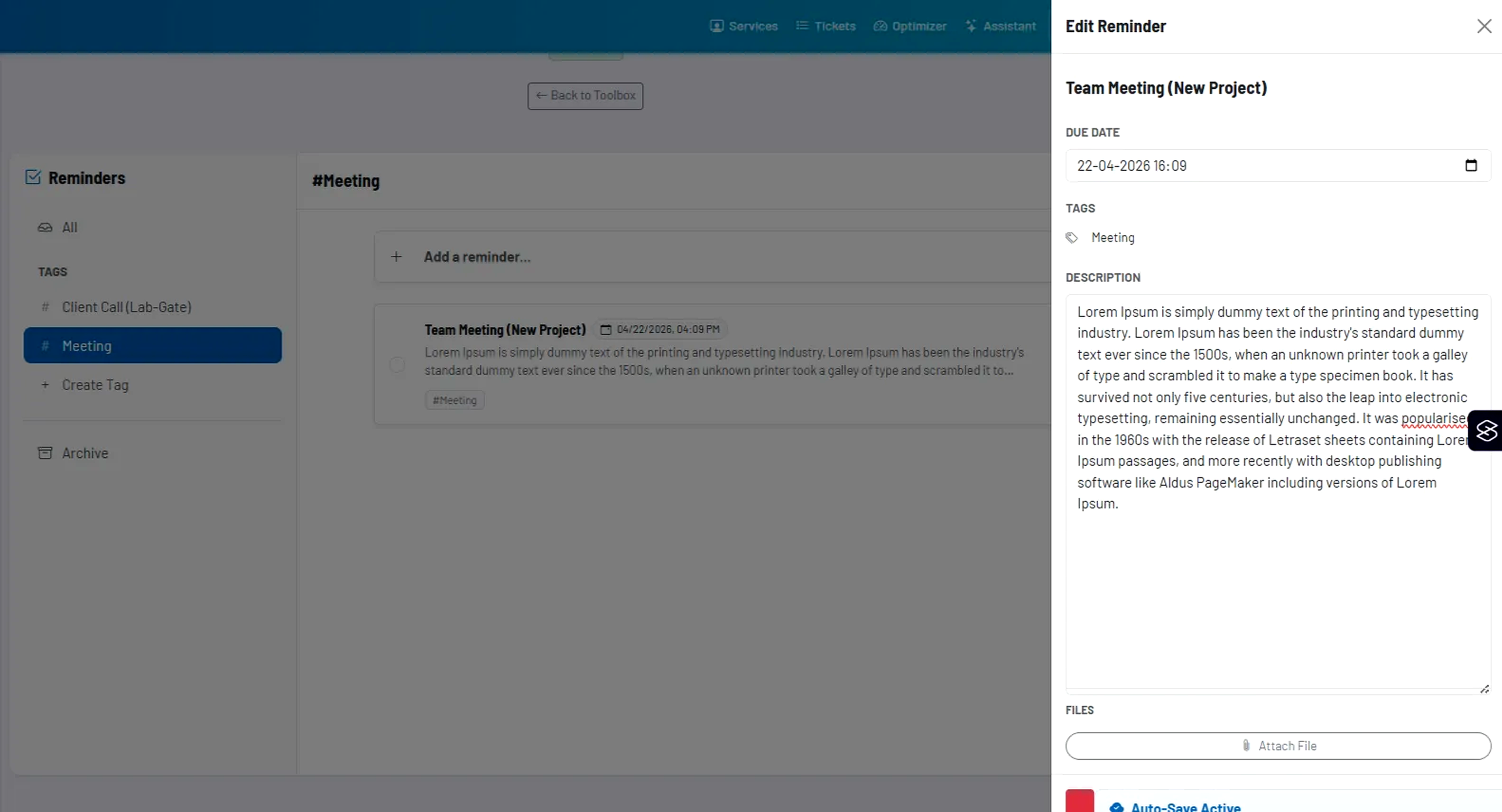 Screenshot: edit view with description, date and attachments