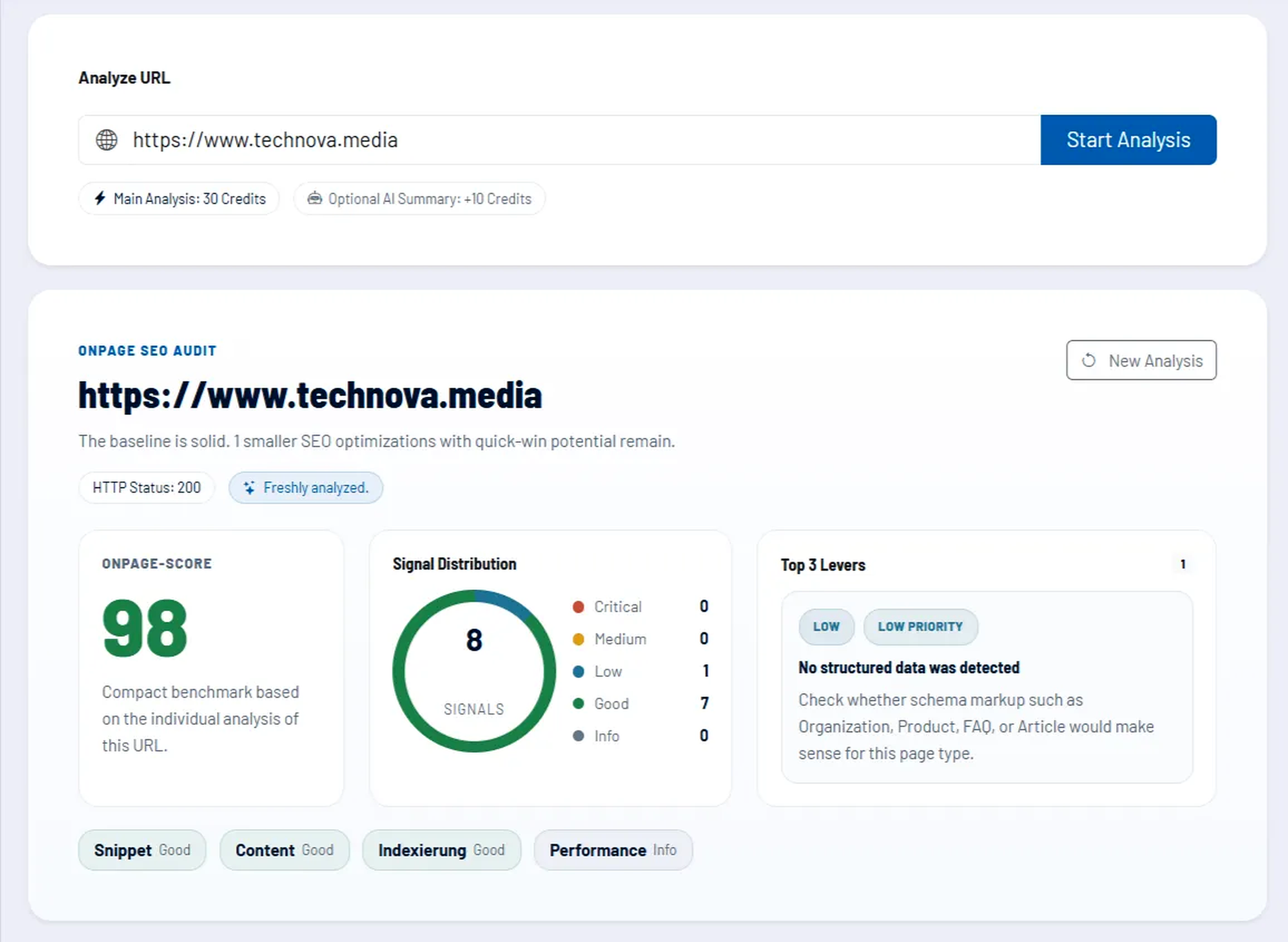 Screenshot: SEO audit with score, top levers, and priorities Screenshot: SEO audit with score, top levers, and priorities