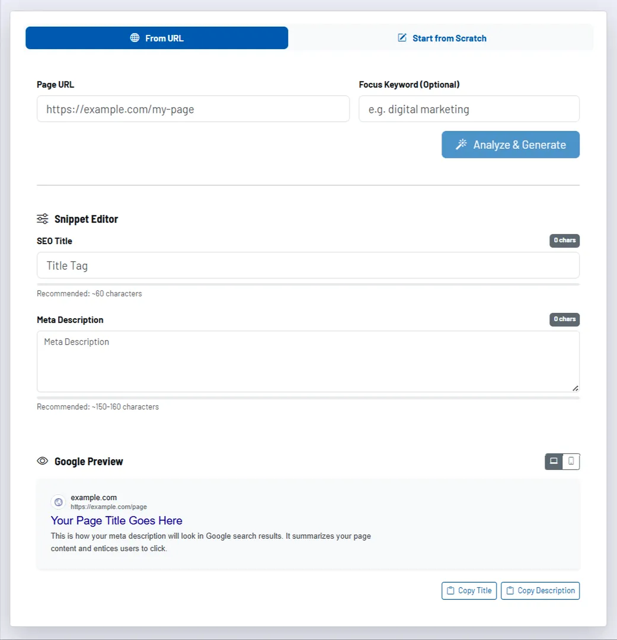Screenshot: snippet editor with title and description fields