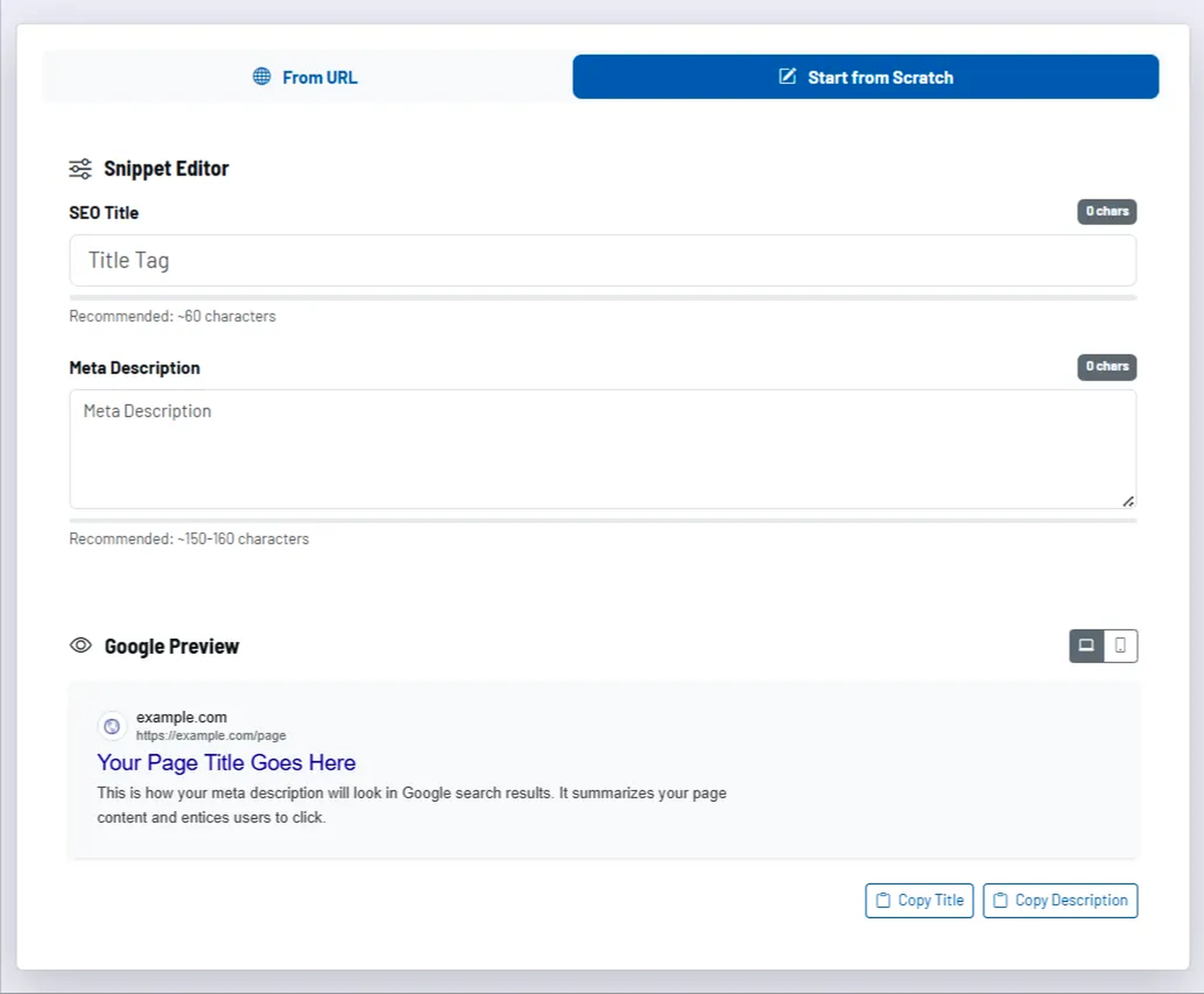 Screenshot: snippet editor with title and description fields