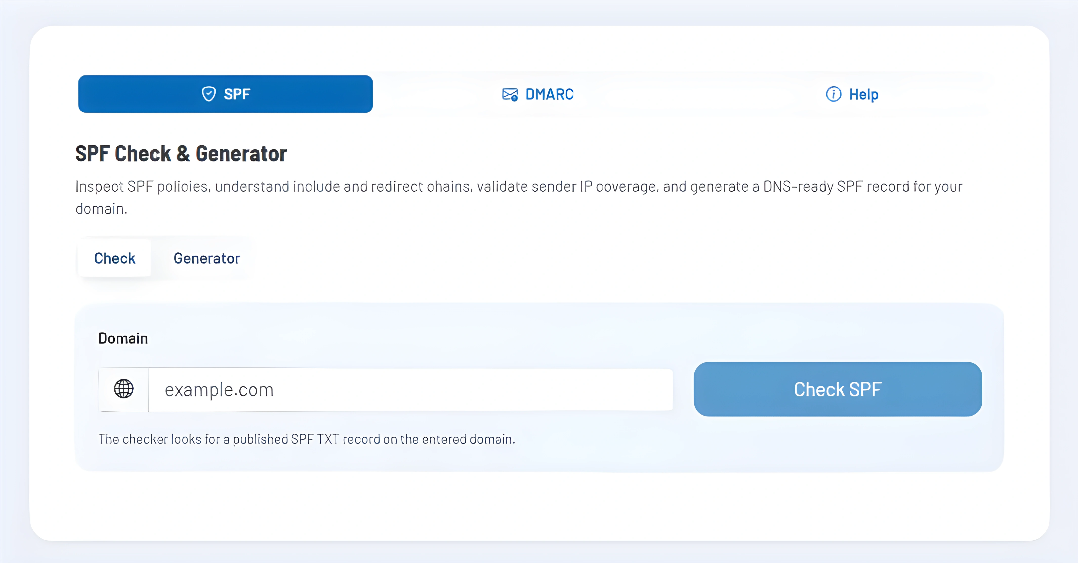Tab navigation for SPF, DMARC and help area with checker and generator views