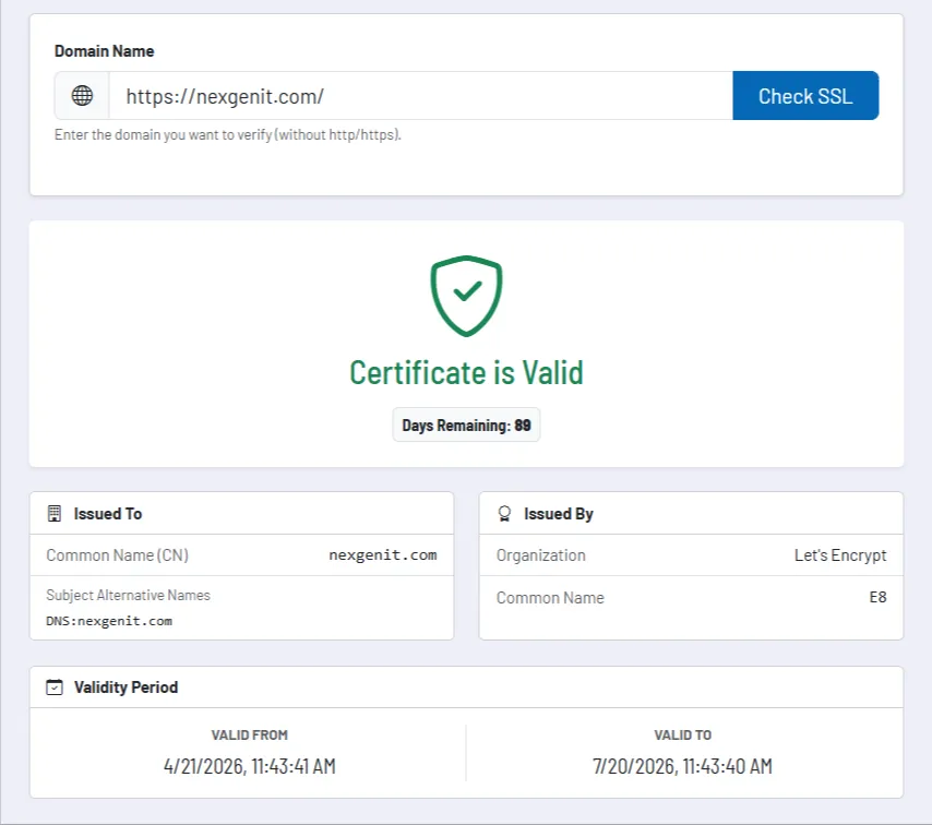 Certificate status with validity, issuer, and Subject Alternative Names Certificate status with validity, issuer, and Subject Alternative Names