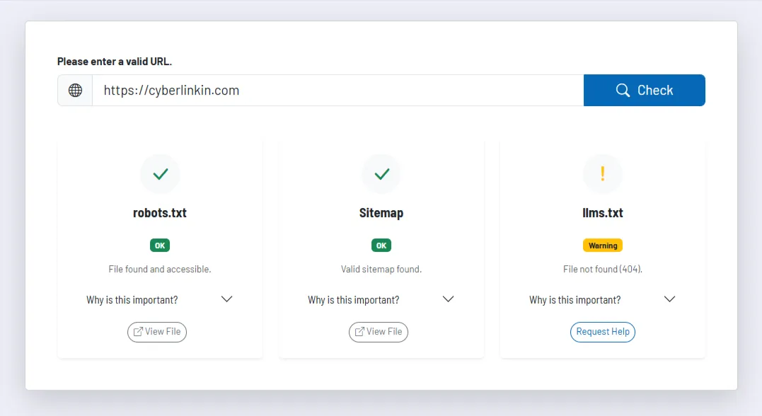 Screenshot placeholder: card view for robots.txt, sitemap, and llms.txt with status and detailed explanation.