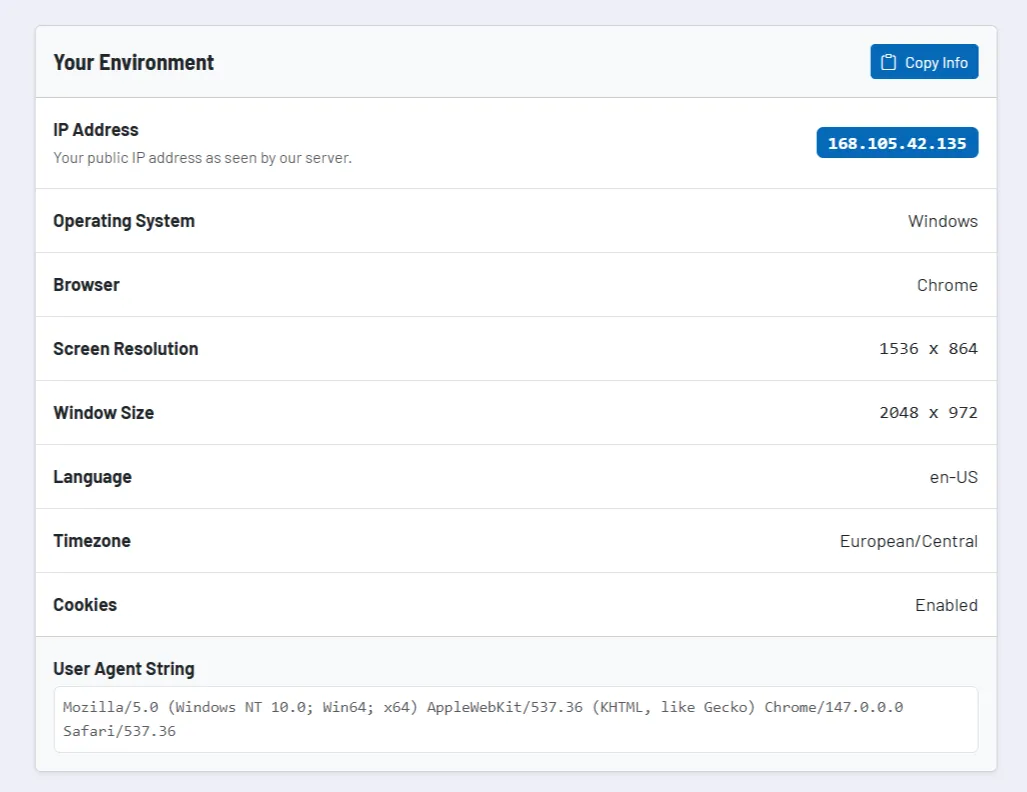 Screenshot placeholder: environment overview with IP, device data, and copy function.