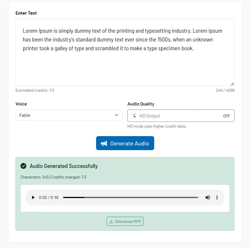 Screenshot: Text input with voice selection and resulting audio Screenshot: Text input with voice selection and resulting audio