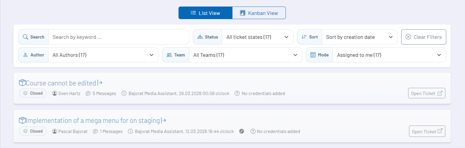 Screenshot: Ticket-Dashboard mit Liste oder Kanban-Ansicht