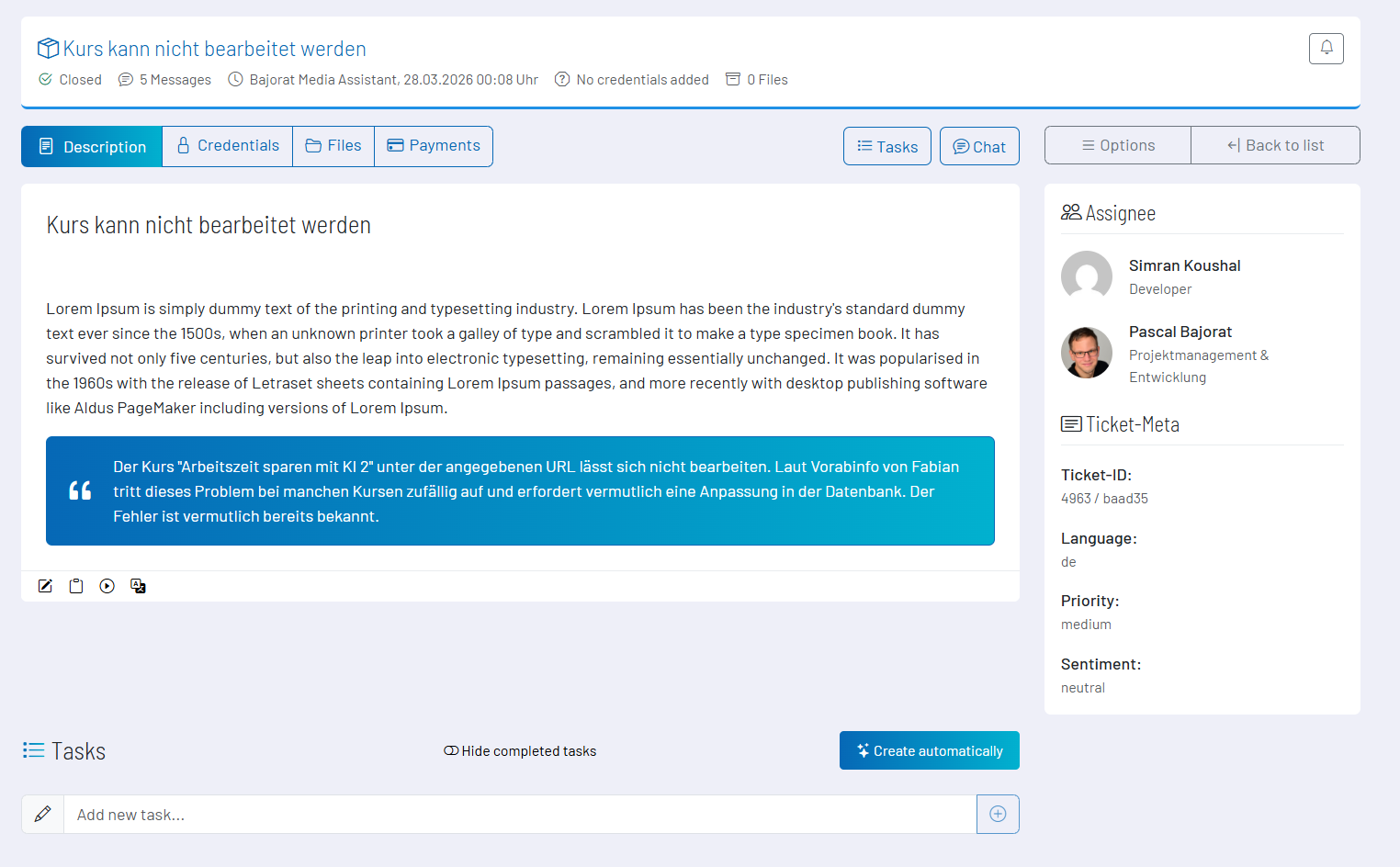 Screenshot: Geöffnetes Ticket mit Chat, Dateien und Zugangsdatenbereich