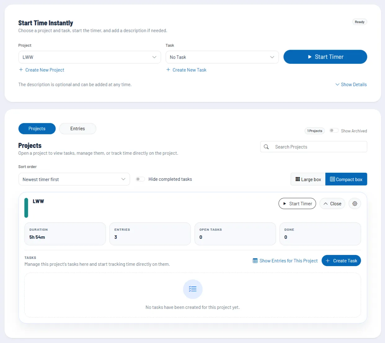 Screenshot: Time Tracker start view with timer, projects and evaluation