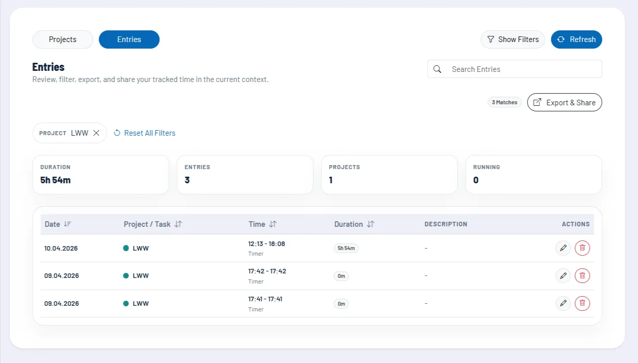 Screenshot: running timer with description or manual tracking