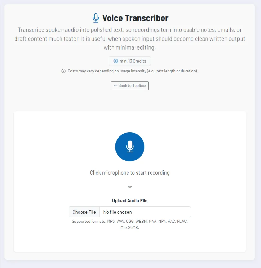 Screenshot: recording view with microphone or upload area Screenshot: recording view with microphone or upload area