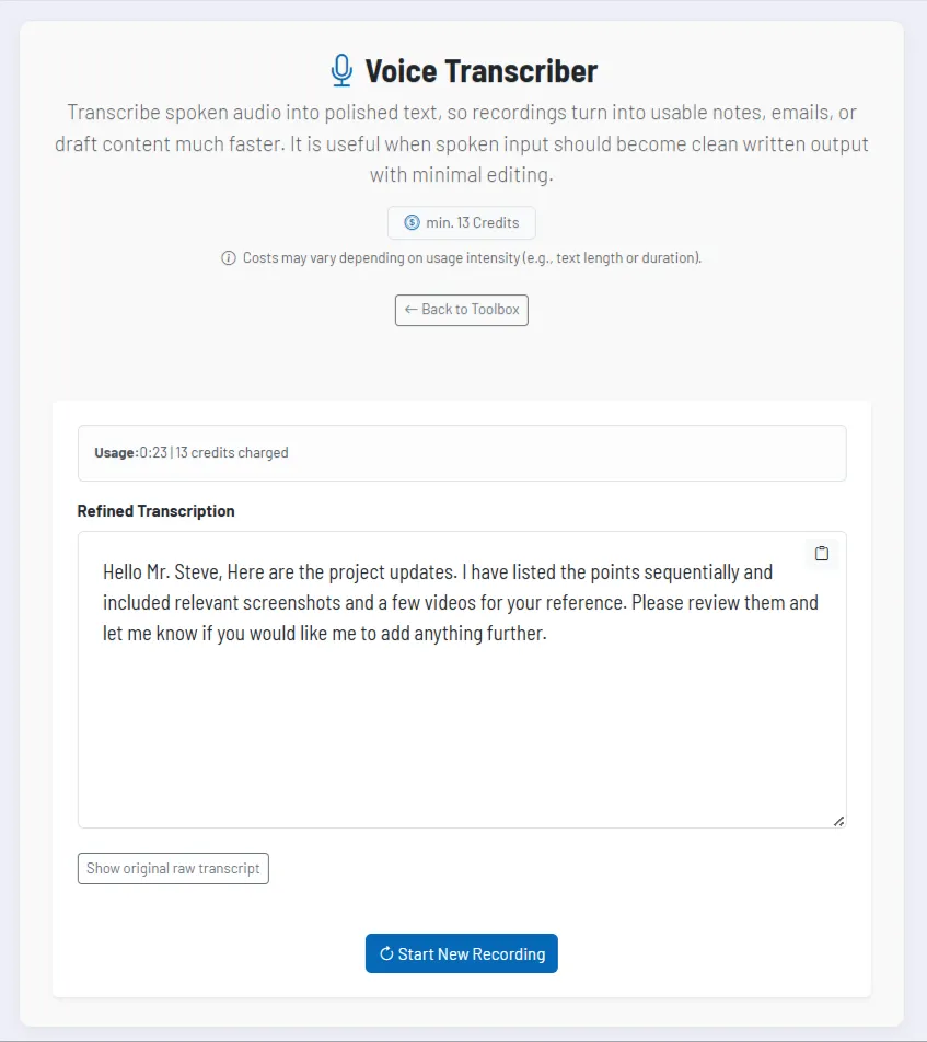 Screenshot: refined transcription with optional raw view Screenshot: refined transcription with optional raw view