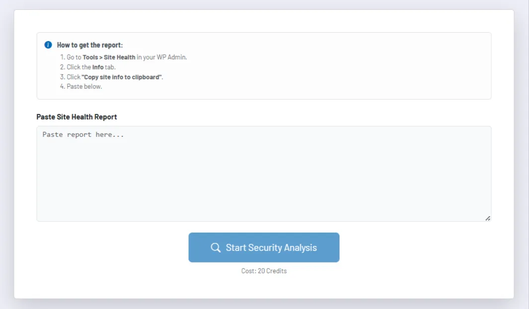 Screenshot placeholder: input of the Site Health report and results view with score, recommendations, and vulnerability list. Screenshot placeholder: input of the Site Health report and results view with score, recommendations, and vulnerability list.
